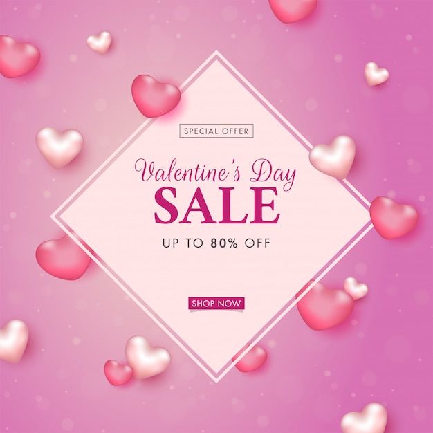 Valentine's Day sale banner with 80% Discount Offer and Glossy Hearts Decorated on Pink Bokeh Background.