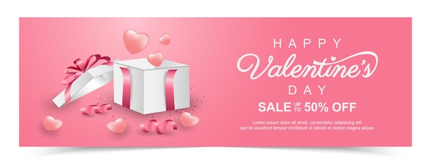 Banner di vendita di san valentino con confezione regalo. promozione e modello di acquisto