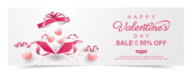 Banner di vendita di san valentino con confezione regalo e dolce cuore. promozione e modello di acquisto