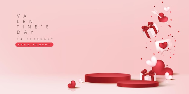 Valentine's day sale banner with product display cylindrical shape.