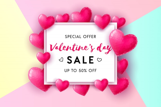 Valentine's Day sale concept  background. 3d pink low poly hearts with white square frame. Illustration for website, wallpaper, flyers, invitation, posters, brochure, banners