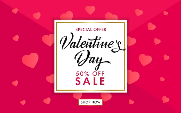 Progettazione del coupon di vendita di san valentino. modello di annuncio. bandiera di offerta speciale. 50 percento di sconto