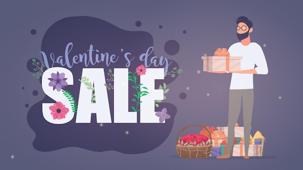 Valentine's day sale. the inscription on the theme of valentine's day. a man holds a basket of roses. vector.