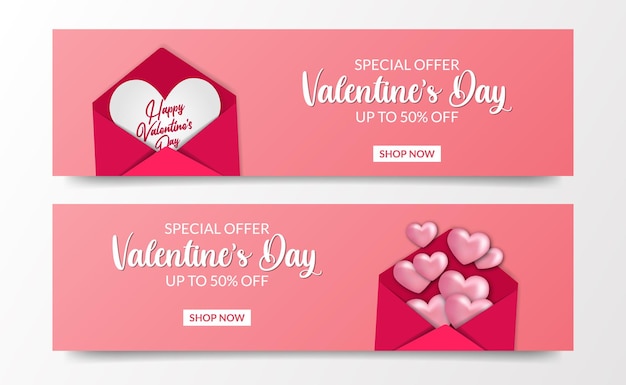 Valentine's day sale offer banner card template with love letter envelope illustration
