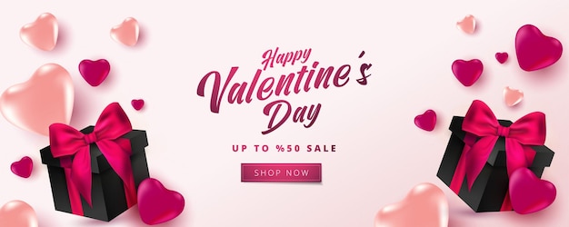 Valentine's day sale poster or banner with hearts and realistic gift box on soft pink background.