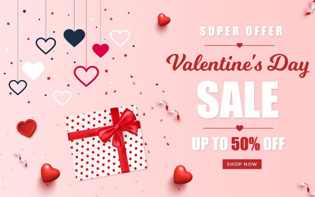 Valentine's day sale poster or banner with sweet gift,sweet heart and lovely items on pink