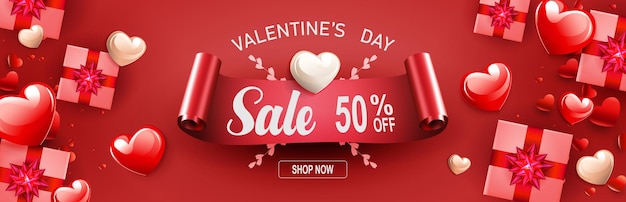 Vector valentine's day sale poster, chaotically drawn gift boxes and red hearts.