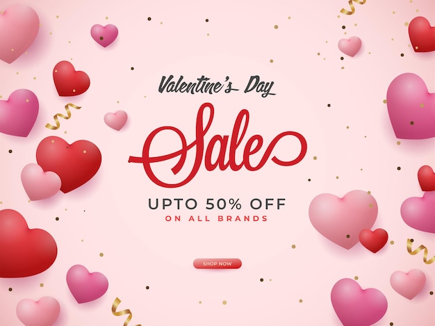 For Valentine's Day Sale Poster Design With Glossy Hearts.