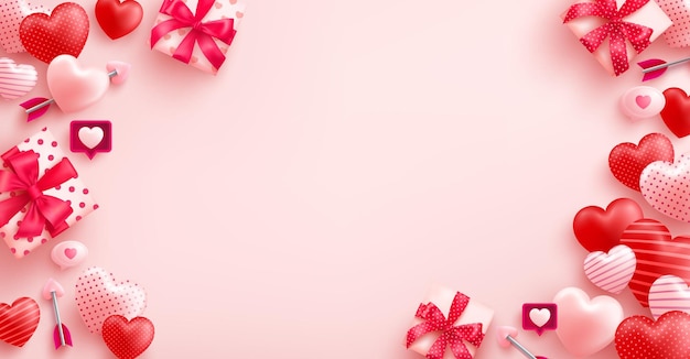 ピンクの背景にキュートなハートとバレンタインデーのギフトボックスが入ったバレンタインデーのセールポスター