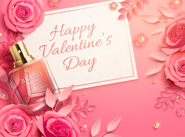 Valentine's day sale template with pink paper flowers and perfume product in 3d illustration, top view