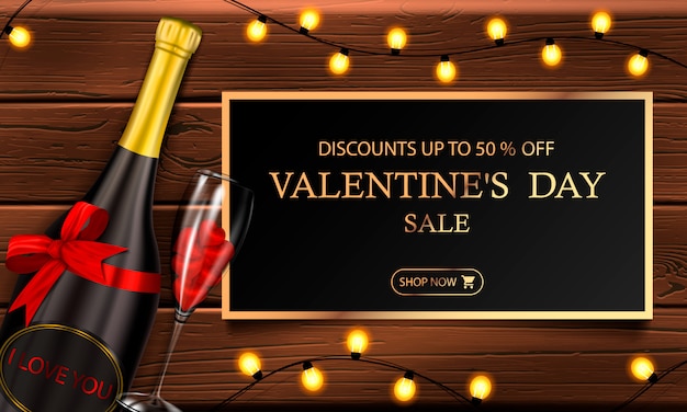 Saldi di san valentino, fino al 50% di sconto, moderno banner orizzontale con ghirlanda gialla