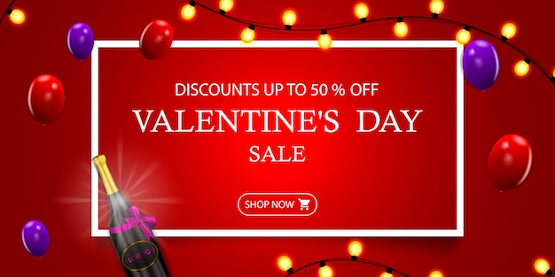 Saldi di san valentino, fino al 50% di sconto, banner sconto rosso moderno per san valentino con ghirlanda