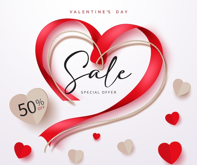 Valentine's day sale vector banner design. Happy valentine's day special offer with ribbon and twine