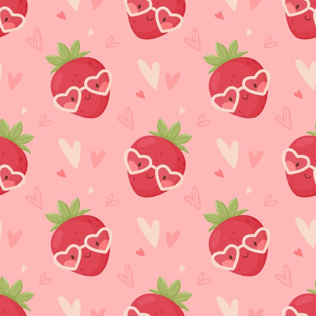Valentine s Day seamless background. Cute cartoon strawberry wearing heart glasses. Vector illustration. Pink background. Great for weaving design, wrapping paper and holiday decoration