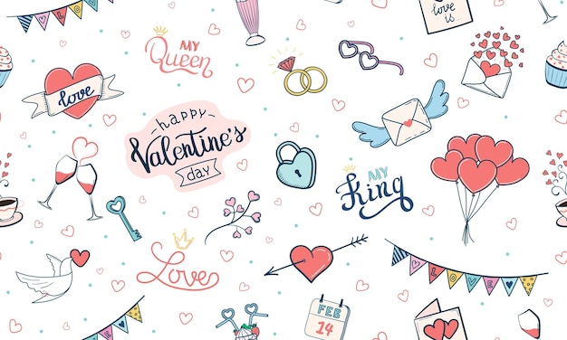 Valentine's day seamless pattern with cute hand drawn elements and lettering