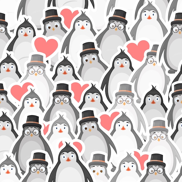 Valentine's day seamless pattern with cute penguins cartoon style vector illustration