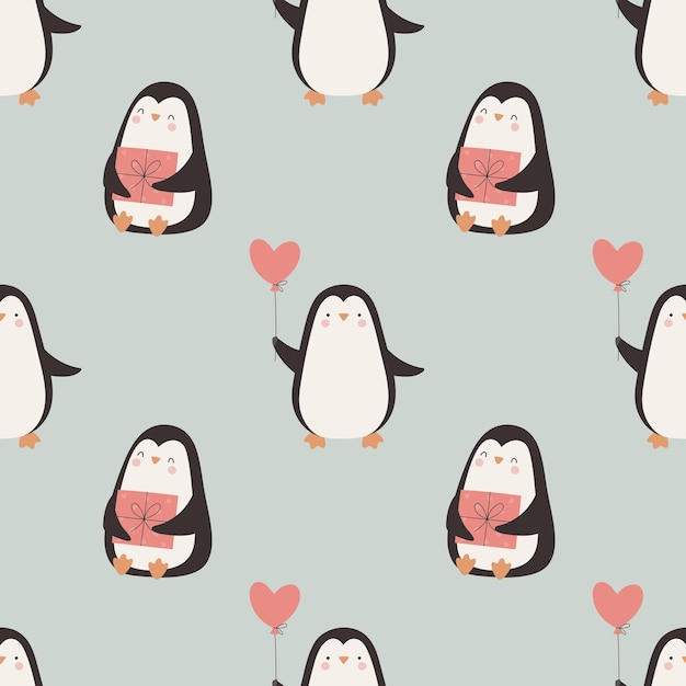 Valentine s day seamless pattern with cute penguins gift and heart shaped balloon