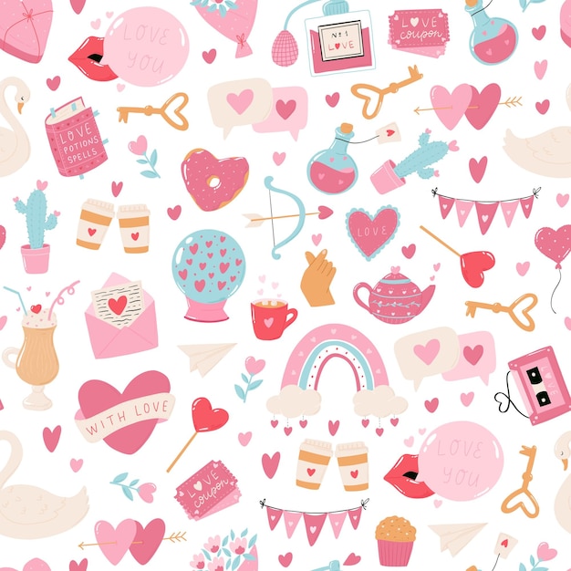 Vector valentine's day seamless pattern with doodles cartoon elements for prints wallpaper wrap