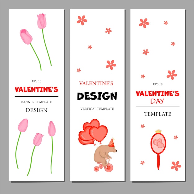 Valentine's Day set of flyers. Cartoon style. Vector illustration.