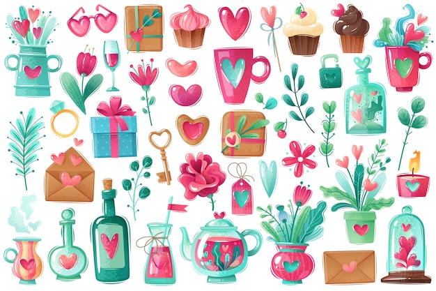 Valentine's day set. Great set on the theme of Valentine's day love holiday. isolated objects in cartoon style. In cold pink and blue.