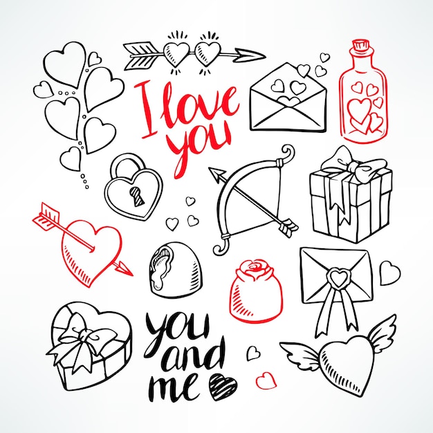 Vector valentine's day set. heart, gifts, sweets. hand-drawn illustration