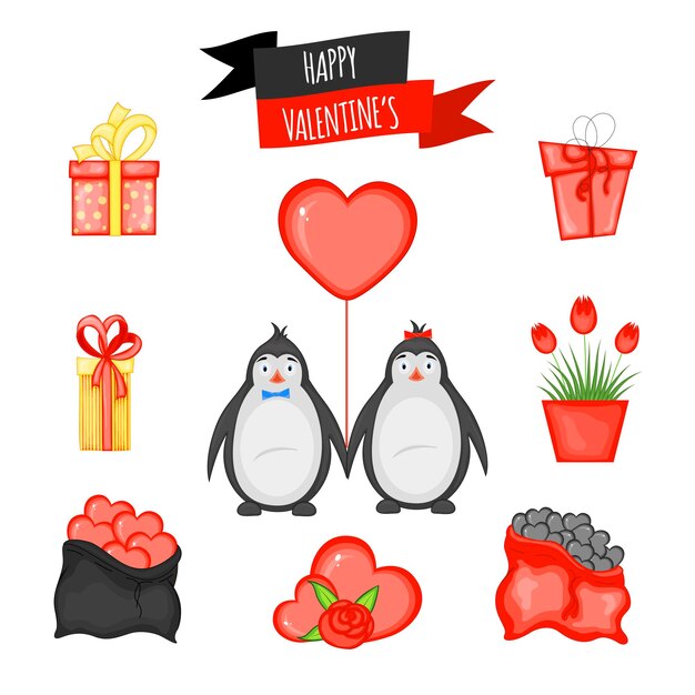 Valentine's day set of holiday objects. cartoon style. vector illustration.