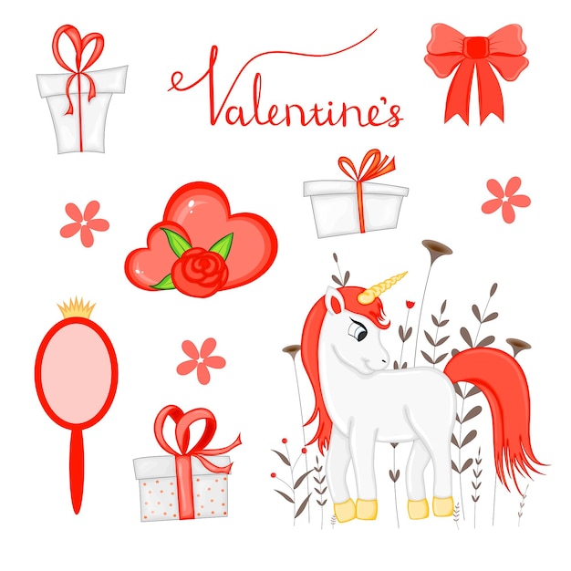 Valentine's Day set of holiday objects. Cartoon style. Vector illustration.