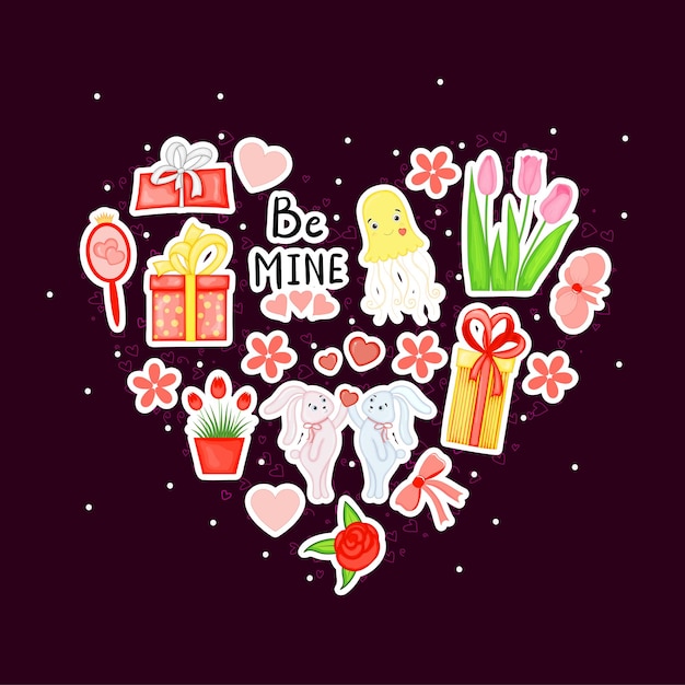 Vector valentine's day set of holiday stickers cartoon style vector illustration