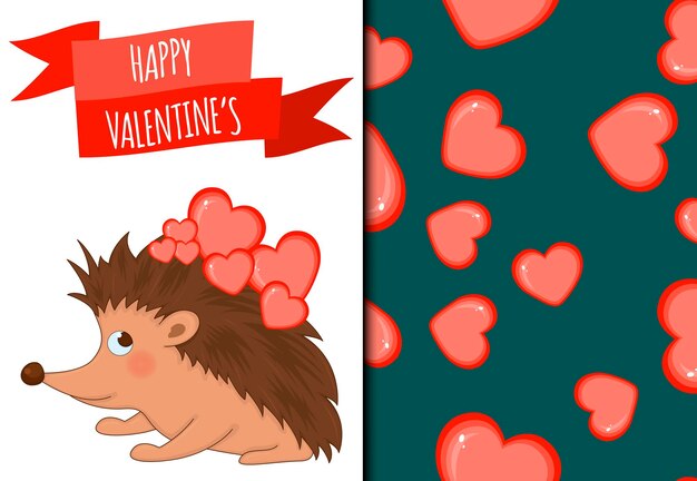 Vector valentine's day set of pattern and postcard with a cute hedgehog. cartoon style. vector illustration.