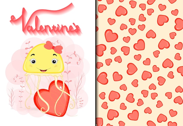 Valentine's day set of pattern and postcard with a cute jellyfish. cartoon style. vector illustration.