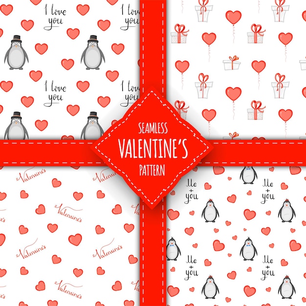 Valentine's Day set of seamless patterns. Cartoon style. Vector illustration.