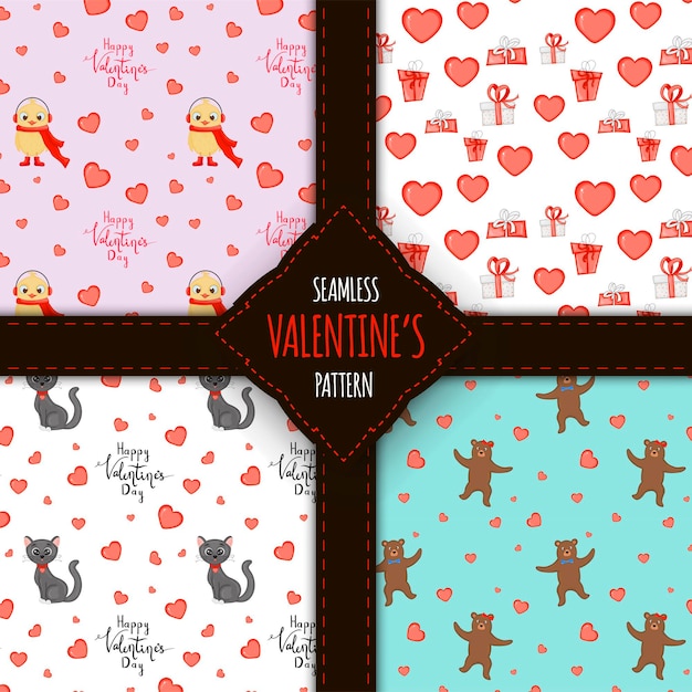 Valentine's day set of seamless patterns. cartoon style. vector illustration.