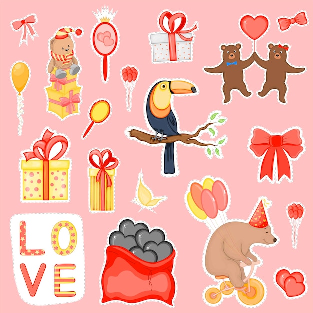 Valentine's day set of stickers for the design of postcards or stickers Cartoon style Vector illustration