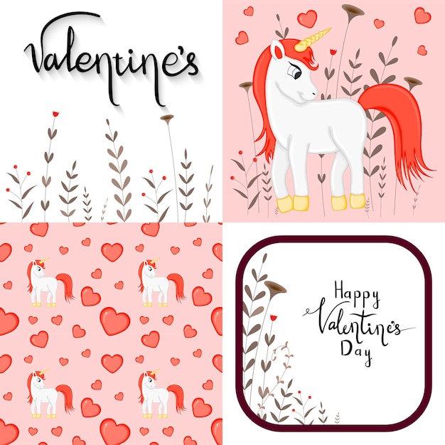 Valentine's Day set with postcard pattern and template Cartoon style Vector illustration