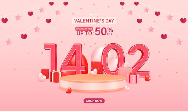 Vettore shopping del giorno di san valentino offerta speciale vendita 50 sconto campagna o promozione palloncini d'amore a forma di cuore