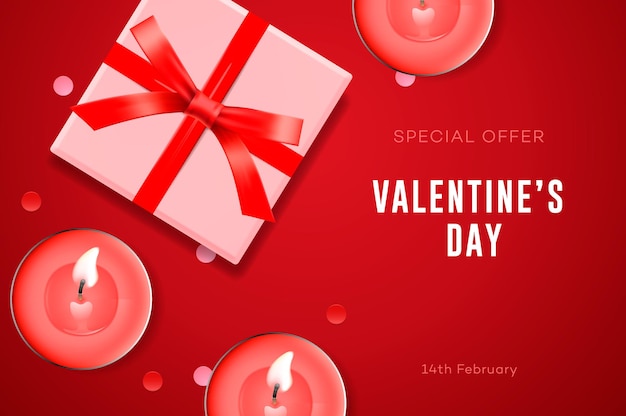 Vector valentine's day special offer, gift box, candles and confetti.