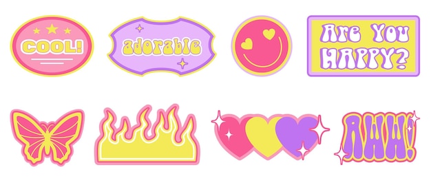 Vector valentine's day sticker pack in y2k retro aesthetic set of cute drawings hearts butterfly face