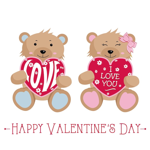Пара плюшевых мишек ко Дню святого Валентина с вывеской "Сердце" - векторный дизайн ко Дню святого Валентина