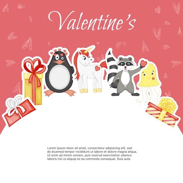 Valentine's Day template for your text with cute animals. Cartoon style. Vector illustration.