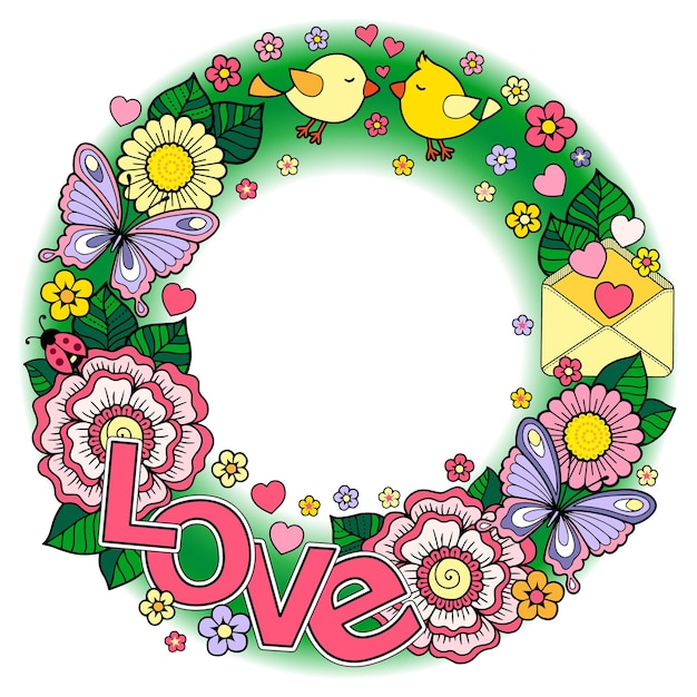 バレンタインデーのベクトルカード。結婚式の招待状。抽象的な花、蝶、鳥のキスと愛という言葉で作られた丸い形。