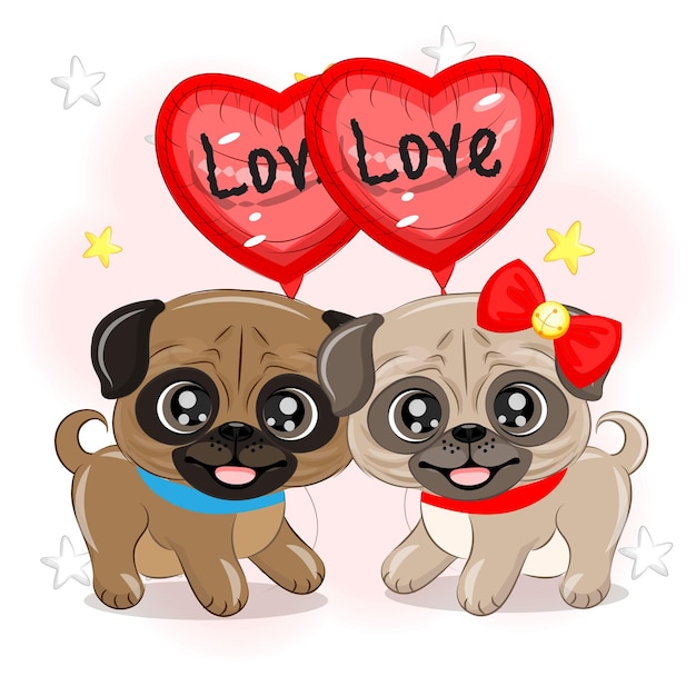 Illustrazione vettoriale di san valentino di una coppia di cani pug innamorati