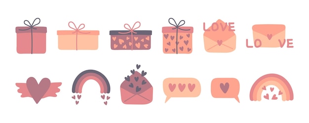 Набор векторных иллюстраций ко Дню святого Валентина. Подарочная коробка с сердечками, радужный конверт, другие декоративные элементы.