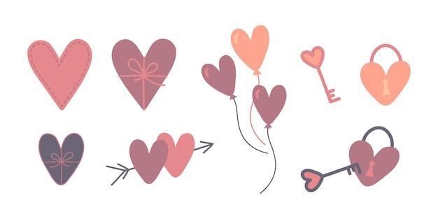 Valentine's day vector illustration set Hearts balloons key with lock and others decorative elements