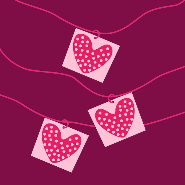 Valentine's day Vector illustration with cut paper hearts pattern hanging on coloring ribbons