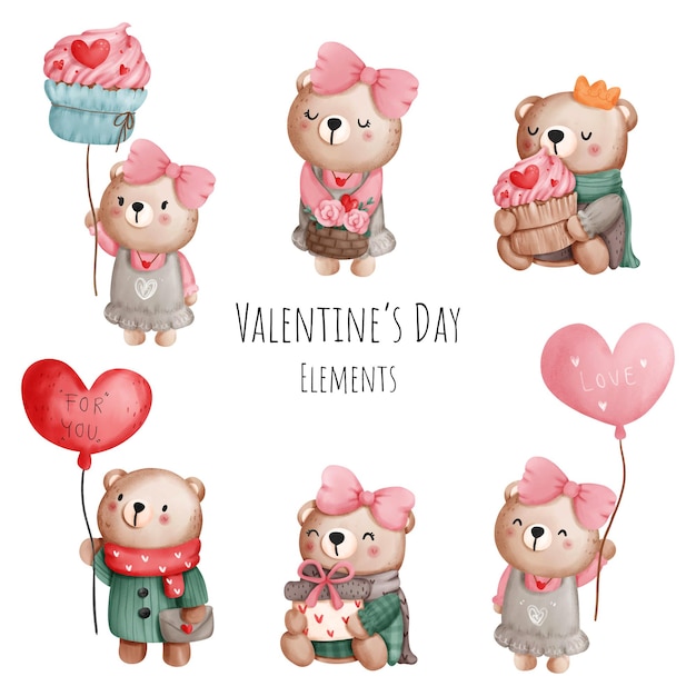 Valentine's day watercolor element with cute bear