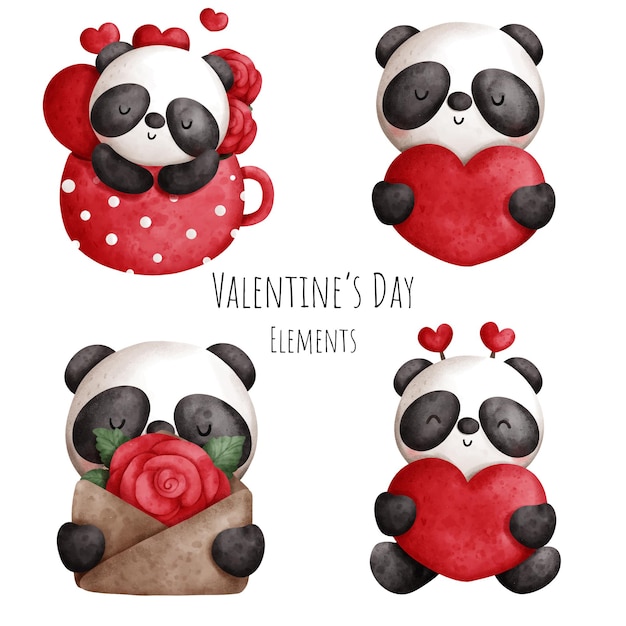 Valentine's day watercolor element with cute panda