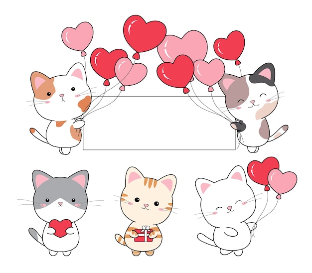 День святого Валентина свадьба день рождения рождество и новый год концептуальный дизайн кошки и сердечного шара на белом фоне векторная иллюстрация
