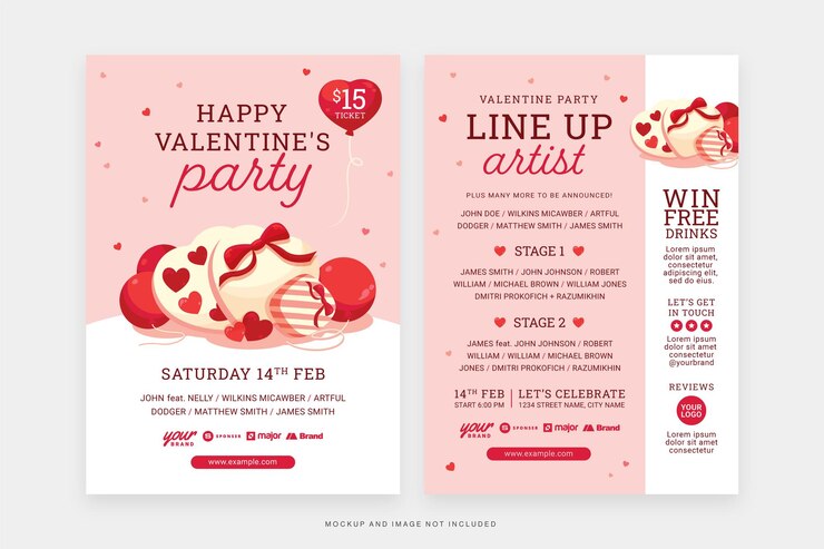 Vector valentine's day with gift and balloons flyer template in vector
