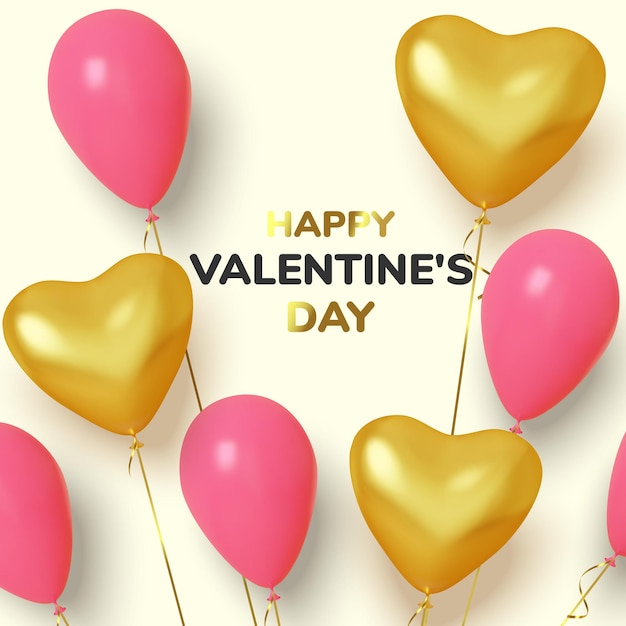 Valentine's day with realistic balloons pink and gold in shape hearts.
