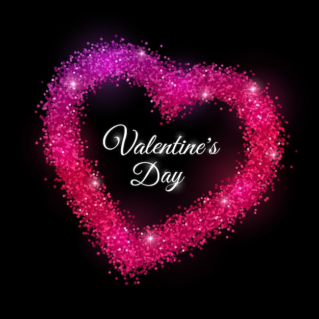 День святого Валентина с рамкой красный фиолетовый блестки на черном фоне. Векторная иллюстрация